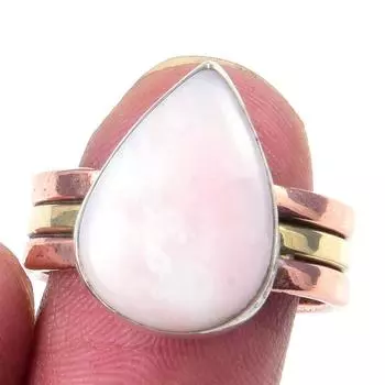 Natural Pink Opal Gemstone Handmade 925 Sterling Silver Two Tone Ring S.8.5 l8H27