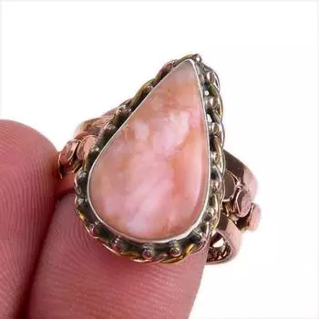 Natural Pink Opal Gemstone Two Tone 925 Sterling Silver Jewelry Ring Size 8 L4H36