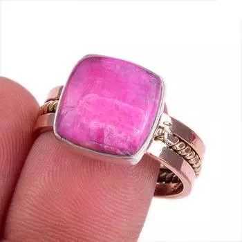Natural Pink Rainbow Moonstone Gemstone 925 Solid Silver Two Tone Ring S.10 F1n36