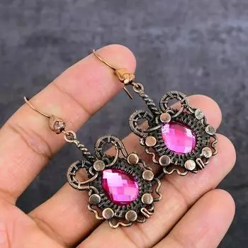 Natural Pink Rubillite Gemstone Copper Wire Wrap Jewelry Earring 2.56 A0E36