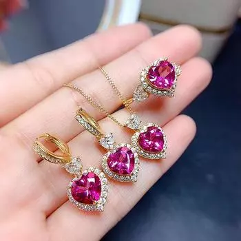 Natural Pink Topaz Gemstone Jewelry Set 925 Pure Silver Ring Earrings Pendant NecklaceFine Wedding Jewelry for Women resizable