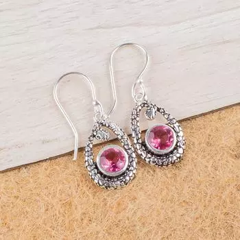 Natural Pink Tourmaline Gemstone 925 Sterling Silver Jewelry Hook Earrings 1.38 CE-3-17