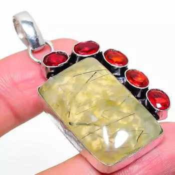 Natural Prehnite, Garnet Gemstone 925 Sterling Silver Gift Pendant 2.21 z5C65