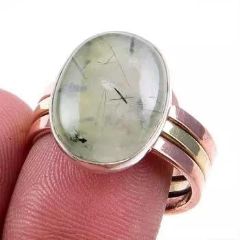 Natural Prehnite Gemstone 925 Solid Silver Jewelry Two Tone Ring Size 9.5US f7j90