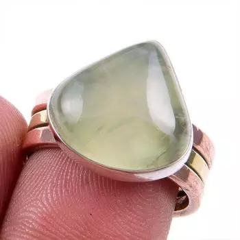 Natural Prehnite Gemstone 925 Solid Silver Jewelry Two Tone Ring Size 7.5US e2a75
