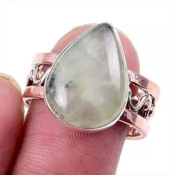 Natural Prehnite Gemstone 925 Solid Silver Jewelry Two Tone Ring Size 8.5US o6U81