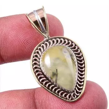 Natural Prehnite Gemstone 925 Solid Sterling Silver Two Tone Pendant 1.50 F1n30