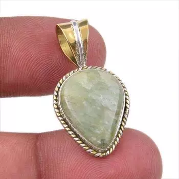 Natural Prehnite Gemstone 925 Solid Sterling Silver Two Tone Pendant 1.25 A3B00