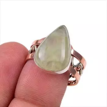 Natural Prehnite Gemstone 925 Solid Sterling Silver Gift Two Tone Ring S.8 Q8v99