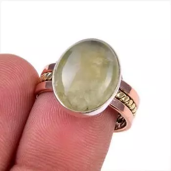 Natural Prehnite Gemstone 925 Solid Sterling Silver Two Tone Ring Size 7.5 r6p73
