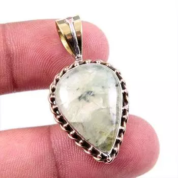 Natural Prehnite Gemstone 925 Solid Sterling Silver Two Tone Pendant 1.5 G6C76