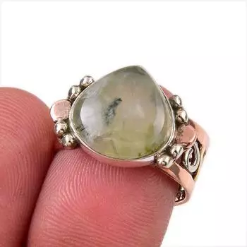 Natural Prehnite Gemstone 925 Solid Sterling Silver Gift Two Tone Ring S.7 I2s62