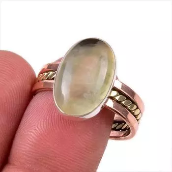 Natural Prehnite Gemstone 925 Solid Sterling Silver Two Tone Ring Size 10 L9w75