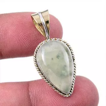 Natural Prehnite Gemstone 925 Solid Sterling Silver Two Tone Pendant 1.25 b0E31