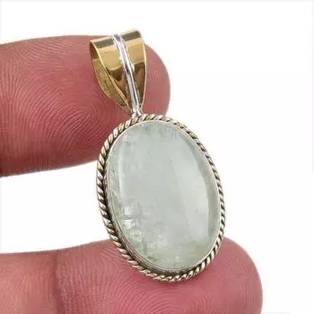 Natural Prehnite Gemstone 925 Solid Sterling Silver Two Tone Pendant 1.25 Y7u26
