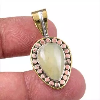 Natural Prehnite Gemstone 925 Solid Sterling Silver Two Tone Pendant 1.50 v0o46