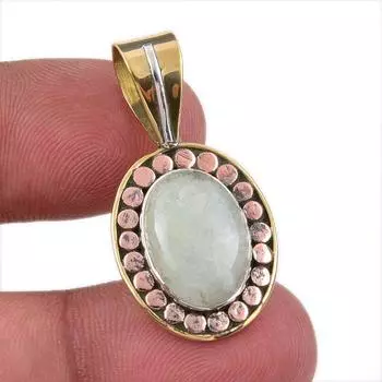 Natural Prehnite Gemstone 925 Solid Sterling Silver Two Tone Pendant 1.25 D1p90
