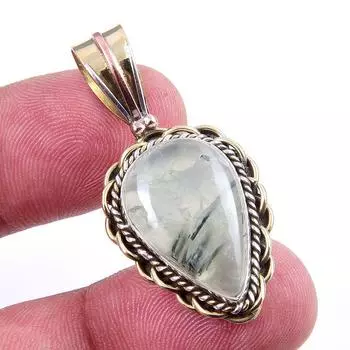 Natural Prehnite Gemstone 925 Solid Sterling Silver Two Tone Pendant 1.50 p2y17