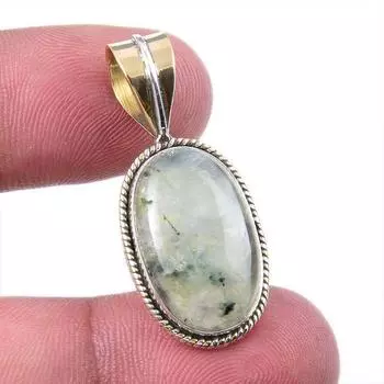 Natural Prehnite Gemstone 925 Solid Sterling Silver Two Tone Pendant 1.25 y4L54