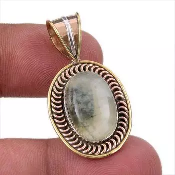 Natural Prehnite Gemstone 925 Solid Sterling Silver Two Tone Pendant 1.50 q8b71