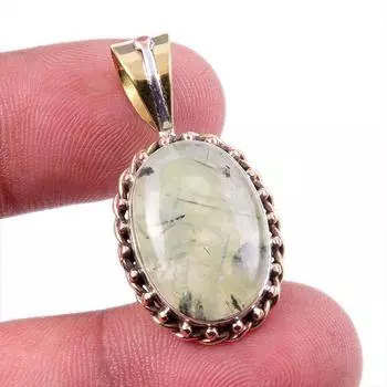 Natural Prehnite Gemstone 925 Solid Sterling Silver Two Tone Pendant 1.5 D2t72
