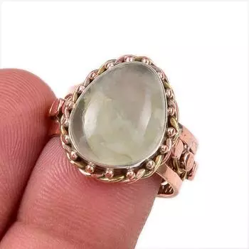Natural Prehnite Gemstone 925 Solid Sterling Silver Gift Two Tone Ring S.8 P9k90