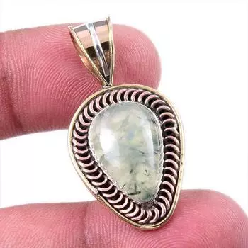 Natural Prehnite Gemstone 925 Solid Sterling Silver Two Tone Pendant 1.50 q8Q14