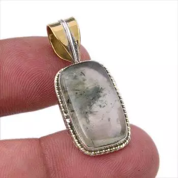 Natural Prehnite Gemstone 925 Solid Sterling Silver Two Tone Pendant 1.50 k2y60