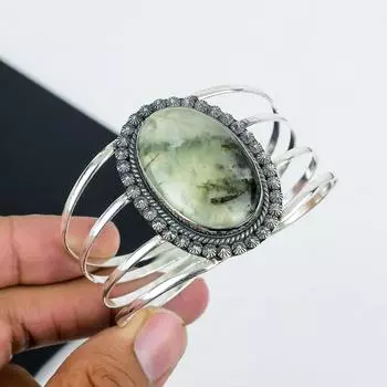 Natural Prehnite Gemstone Handmade 925 Sterling Silver Cuff Bangle, Prehnite Bangle,For Wife, Unisex Bangle, Gifts For Easter 6 зелёный