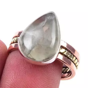Natural Prehnite Gemstone Handmade 925 Sterling Silver Two Tone Ring Size 9 J9a47