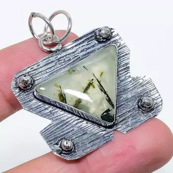 Natural Prehnite Gemstone Handmade 925 Sterling Silver Pendant 1.85 L1I91