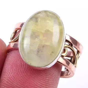 Natural Prehnite Gemstone Handmade 925 Sterling Silver Two Tone Ring S.8.5 W8u79