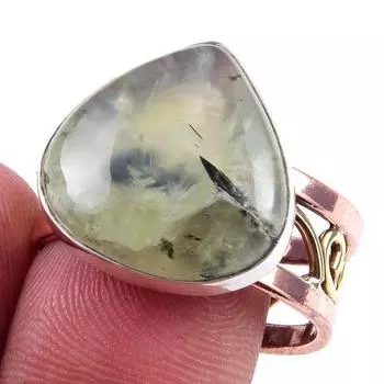 Natural Prehnite Gemstone Handmade 925 Sterling Silver Two Tone Ring S.9.5 Q8m61