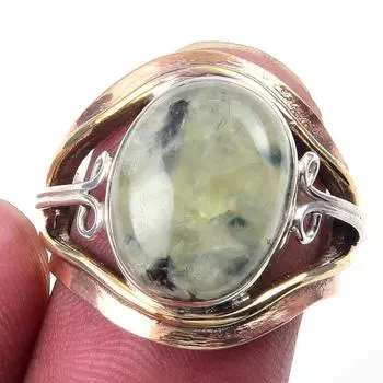 Natural Prehnite Gemstone Handmade 925 Sterling Silver Two Tone Ring Size 7 O7m72