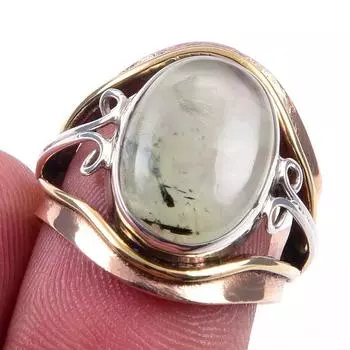 Natural Prehnite Gemstone Handmade 925 Sterling Silver Two Tone Ring Size 6 P3N31