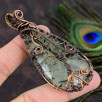 Natural Prehnite Gemstone Handmade Copper Wire Wrap Gift Pendant 3.39 e8m88