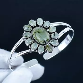 Natural Prehnite Gemstone Handmade Cuff Bangle 925 Sterling Silver Cuff Bangle, Prehnite Flower Shape Bracelet For Wife, Unisex Bangle Gifts 7 зелёный