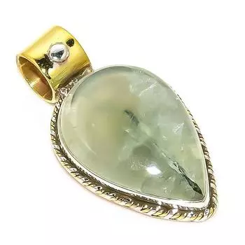 Natural Prehnite Gemstone Two Tone 925 Solid Sterling Silver Pendant 1.25 I3M07