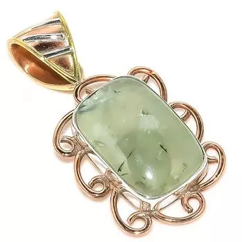 Natural Prehnite Gemstone Two Tone 925 Solid Sterling Silver Pendant 1.50 T3v88