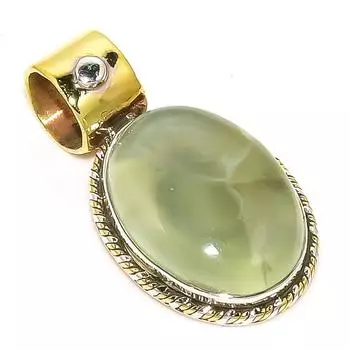 Natural Prehnite Gemstone Two Tone 925 Solid Sterling Silver Pendant 1.50 Q4g23