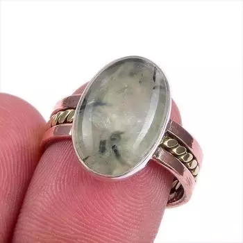 Natural Prehnite Gemstone Two Tone 925 Sterling Silver Jewelry Ring S.7.5 T0w30