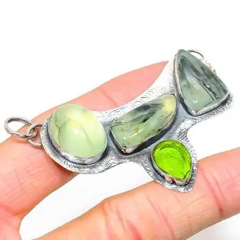 Natural Prehnite, Peridot Gemstone 925 Sterling Silver Pendant 1.97 O1L08