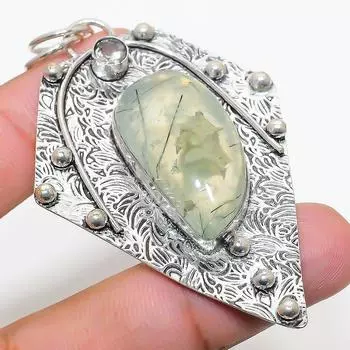 Natural Prehnite, White Topaz Gemstone 925 Sterling Silver Pendant 2.88 s3Z81