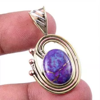 Natural Purple Copper Turquoise 925 Solid Silver Gift TwoTone Pendant 1.5 u7h48