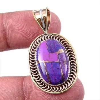 Natural Purple Copper Turquoise 925 Solid Silver Gift TwoTone Pendant 1.5 t9i44
