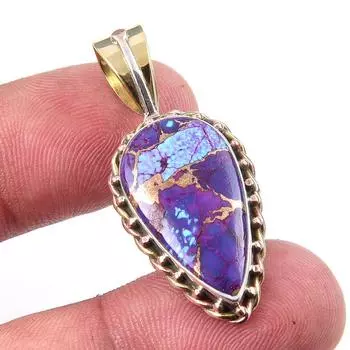 Natural Purple Copper Turquoise 925 Solid Silver Gift TwoTone Pendant 1.5 B3Q84