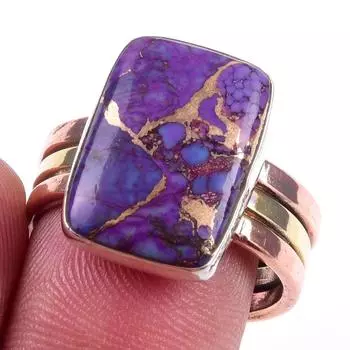 Natural Purple Copper Turquoise 925 Sterling Silver Two Tone Ring Size 8.5 d6s98