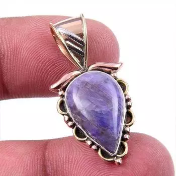Natural Purple Moonstone Gemstone 925 Solid Silver Two Tone Pendant 1.25 T9Z75