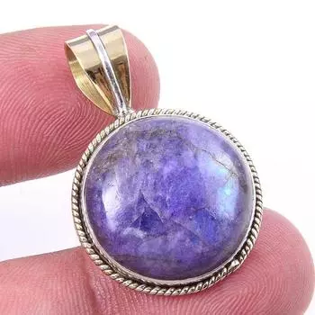 Natural Purple Moonstone Gemstone 925 Solid Silver Two Tone Pendant 1.25 R2V81