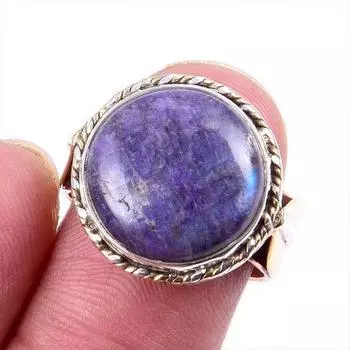 Natural Purple Rainbow Moonstone Gemstone 925 Solid Silver TwoTone Ring 7US s5t77